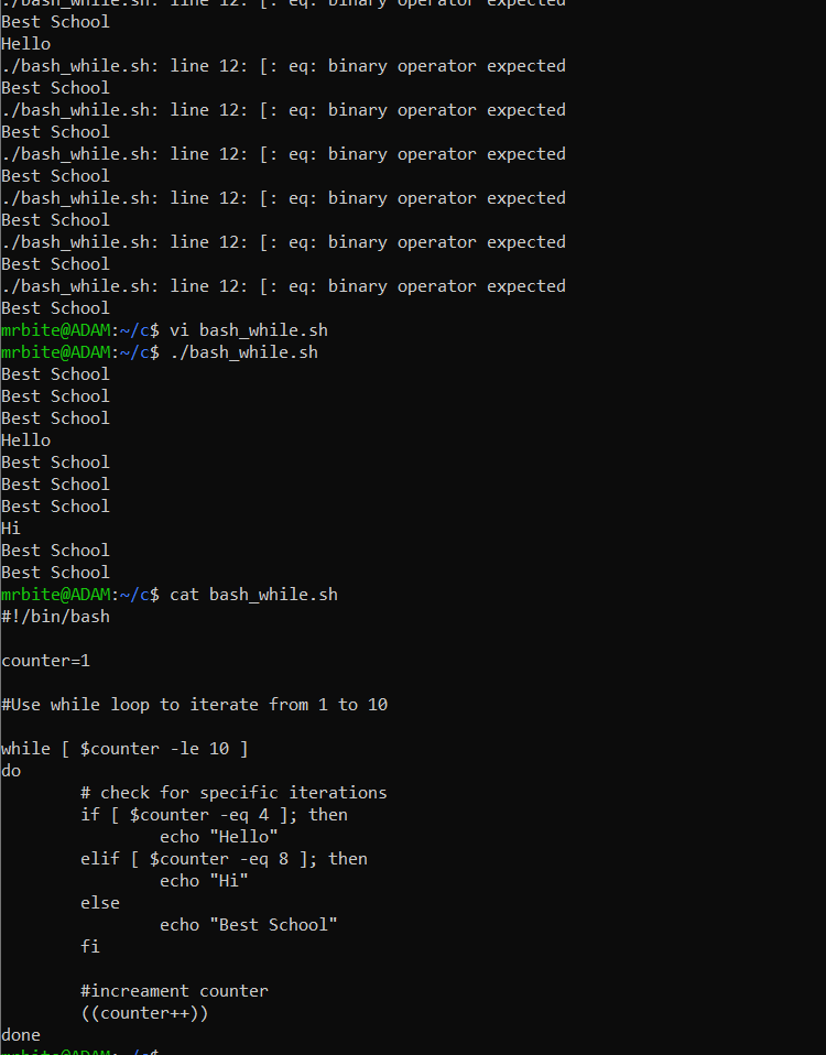 #day46 Scripting with comparison expressions in Bash using while loops to iterate through 1 to 10. Excited to explore its possibilities and level up my scripting skills!

#ALX_SE
#100DaysofALXSE
#100DayChallenge
#DoHardThing