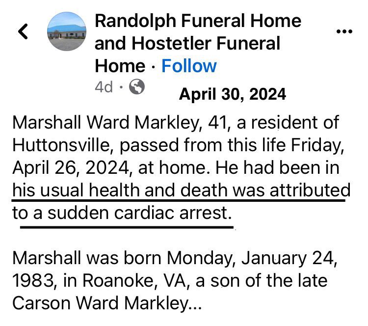 “The County Health Department will be offering COVID-19 Vaccines… Johnson & Johnson will be the vaccine that is being offered.” “Marshall passed away from this life at home. He had been in his usual health and death was attributed to a sudden cardiac arrest.” (April 2024) 🕊️…