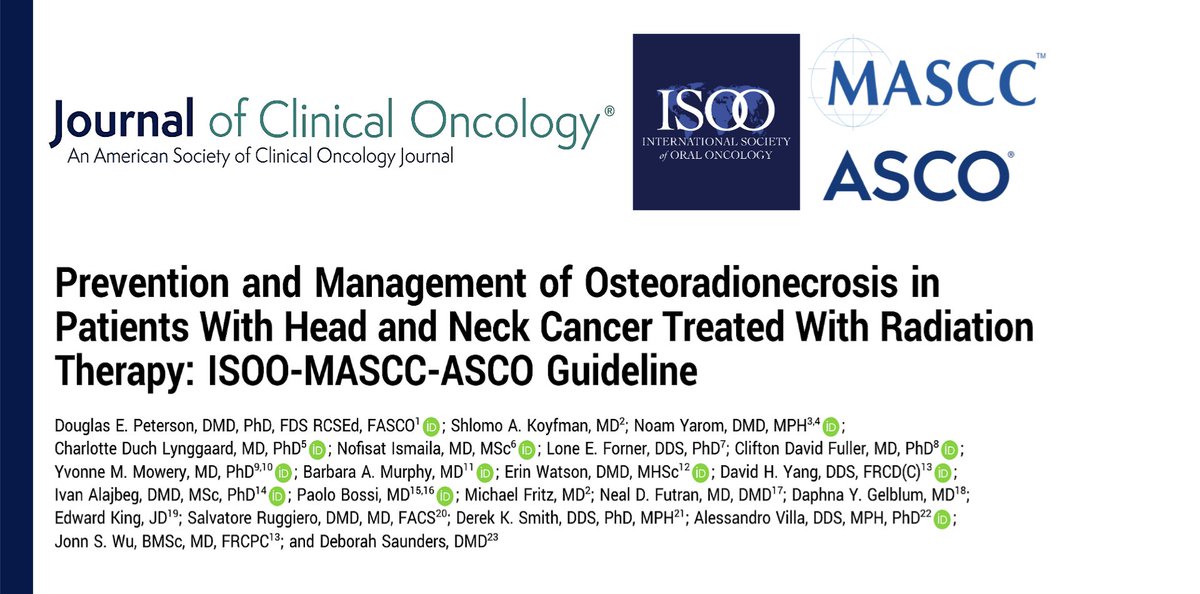 Exciting Announcement from ISOO! Our latest collaborative effort with @CancerCareMASCC and @ASCO has just been published in the @JCO_ASCO. Go check it out! ascopubs.org/doi/full/10.12… #osteoradionecrosis #headandneckcancer #prevention #management #guidelines #ISOO #MASCC #ASCO