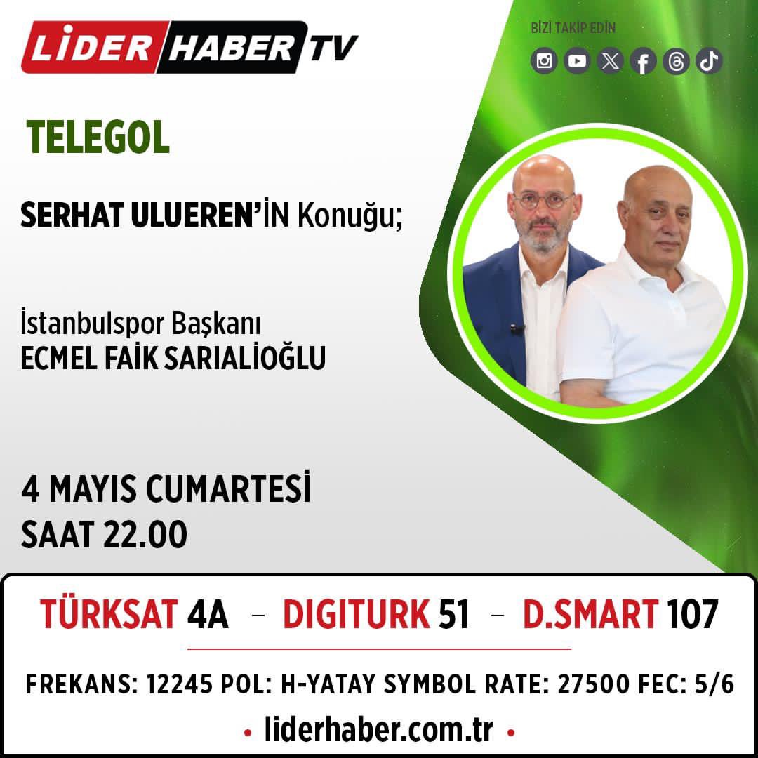 Başkanımız Sayın Ecmel Faik Sarıalioğlu, bugün saat 22.00 itibariyle Lider Haber TV’de Serhat Ulueren’in sunduğu Telegol programına konuk olacaktır.