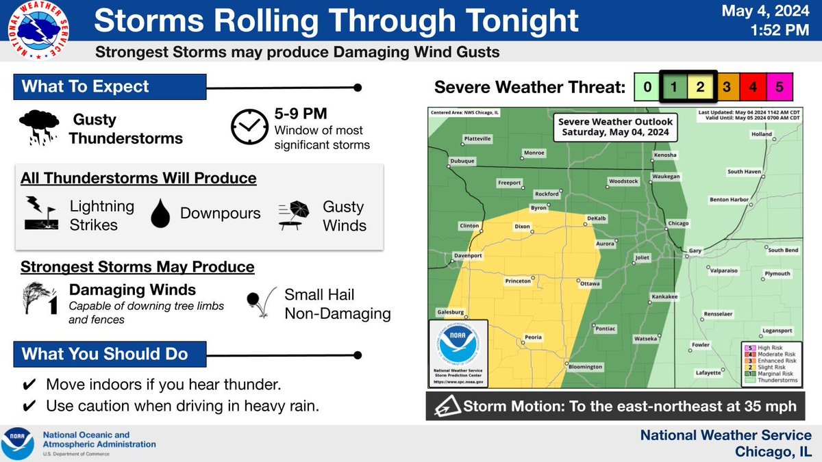 Gusty thunderstorms will roll across the area tonight, with locally damaging winds possible in the green and yellow shaded areas. Stay weather aware if you have outdoor plans! #ILWX #INWX