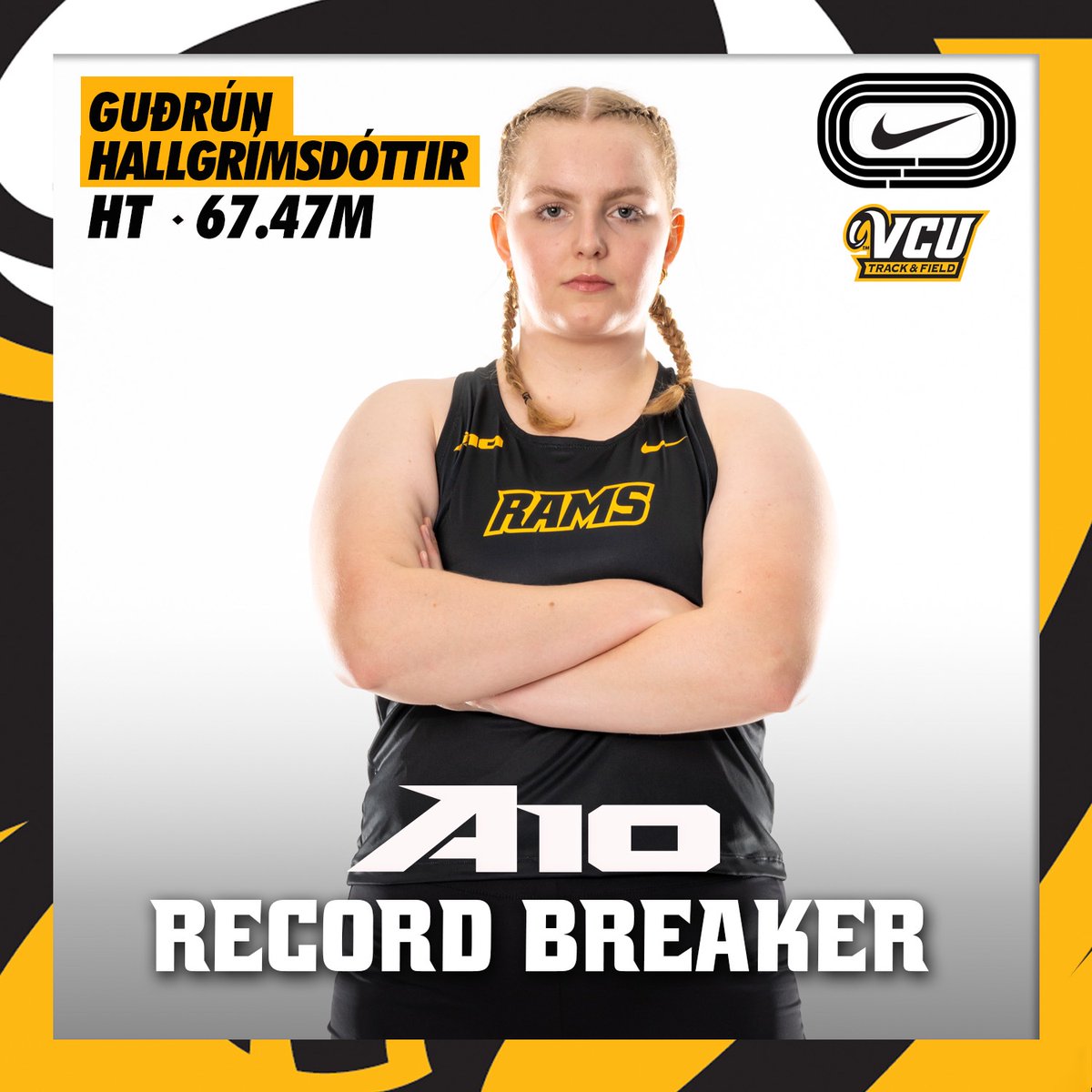 Another day, another record. Gudrun demolishes a 15-year-old @atlantic10 meet record by nearly six meters‼️

She wins the hammer for the third straight year!

#LetsGoVCU