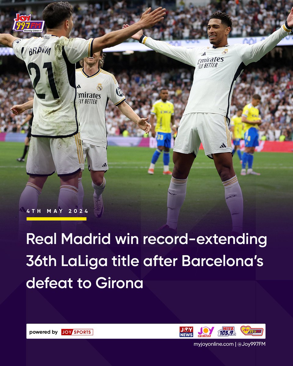 Real Madrid win record-extending 36th LaLiga title after Barcelona’s defeat to Girona tinyurl.com/3rr7t5a4 #JoySports