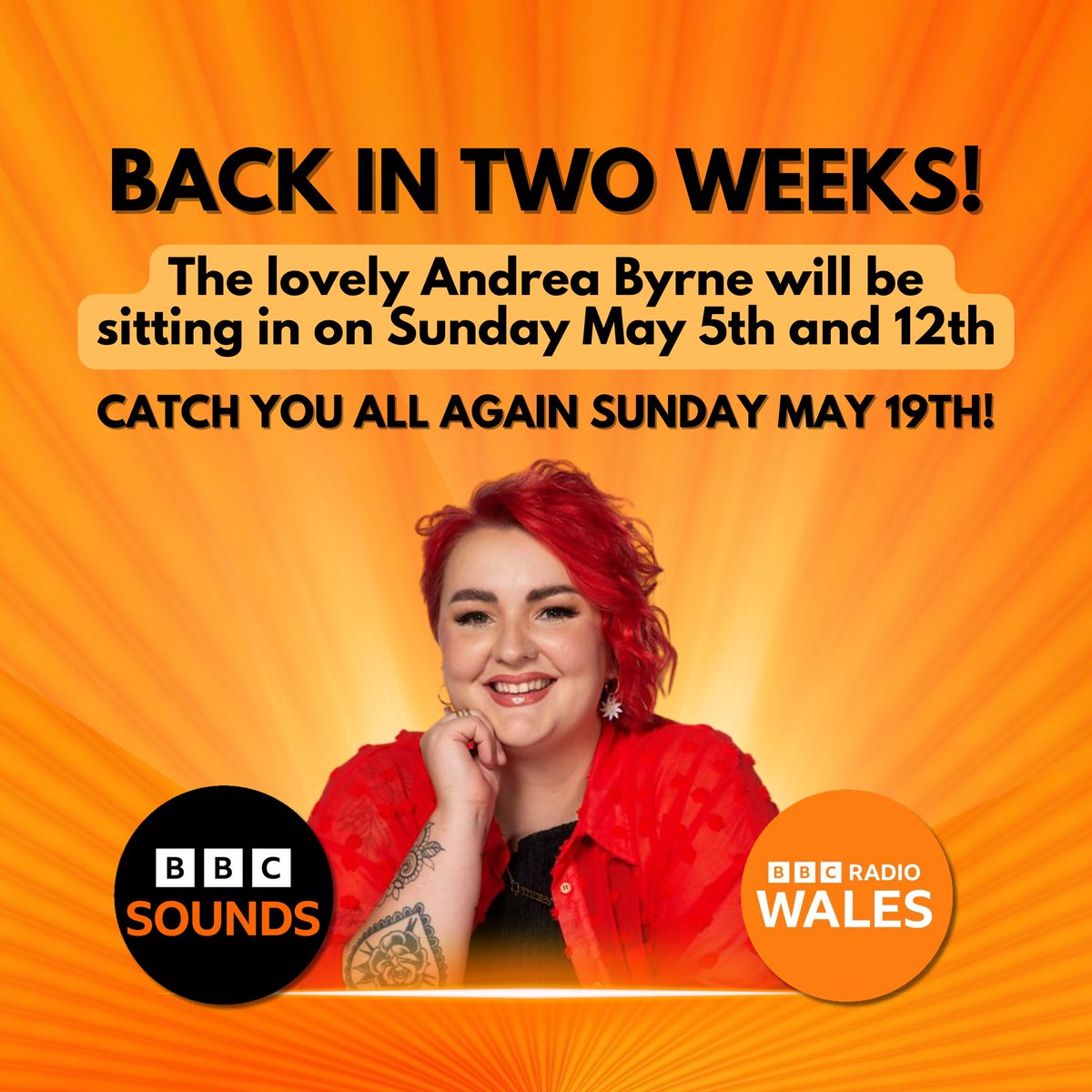 Two Sundays off for me! You’ll be in the safe hands of the lovely @AndreaByrneTV who’ll be sitting in for two weeks ❤️ Catch you all again on @BBCRadioWales on May 19th 😊