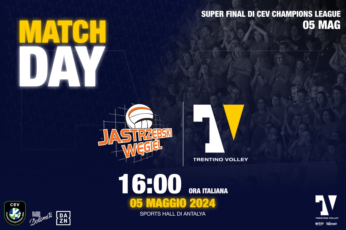 L'ULTIMA PARTITA DELLA STAGIONE: 
LA PIÙ IMPORTANTE!
📅 2024 CEV Champions League, Finale
 🏟 #AntalyaSportsHall (Turchia) ⏲️ 16.00
➖
#JASTRZEBSKIWEGIEL 🆚 #TRENTINOITAS
➖
💻 #DAZN  #RadioDolomiti
📲 @trentinovolley
#⃣ #CLVolleyM
#⃣ #trentinonelcuore