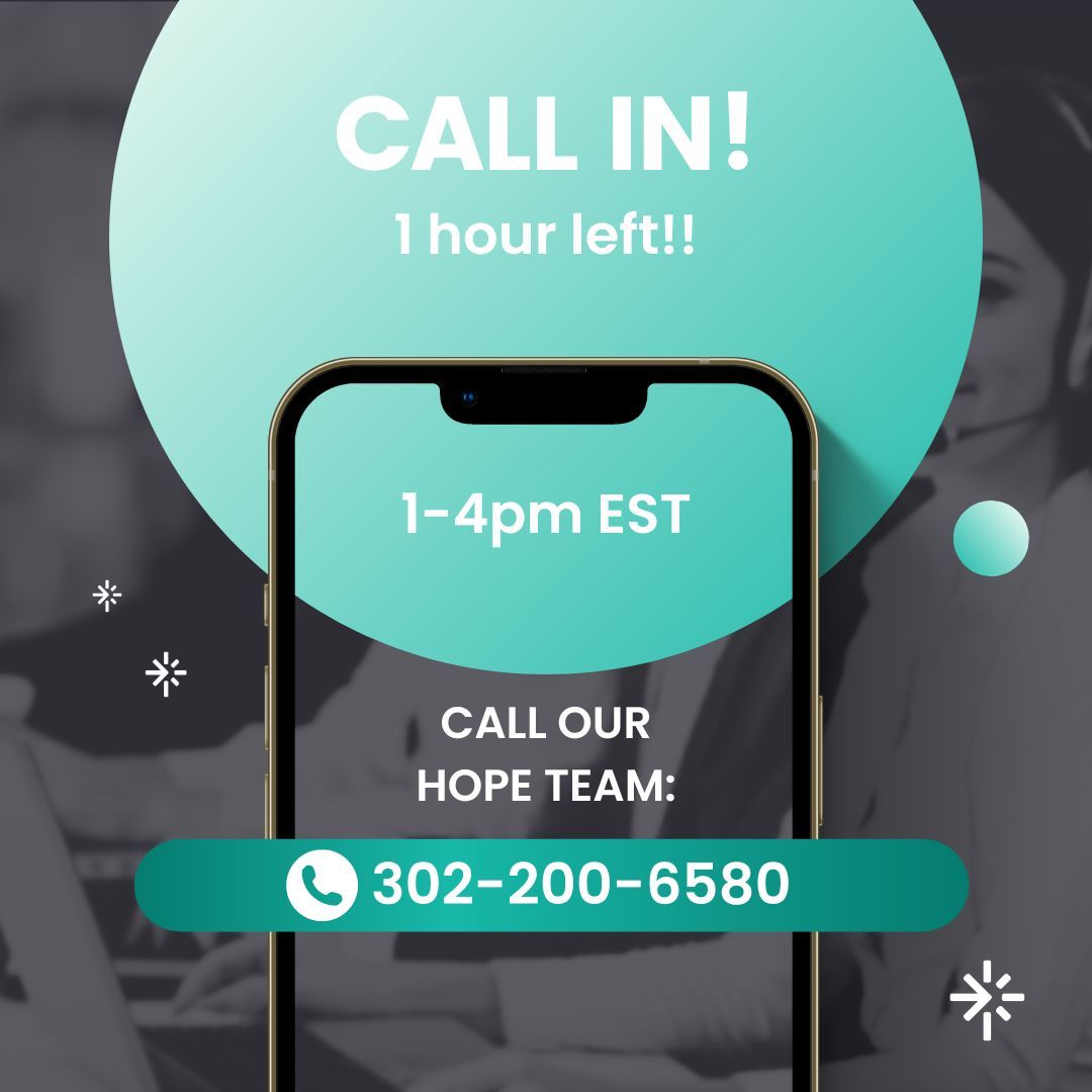 THERE'S STILL TIME!! There's still ONE hour left for you to speak with our Hope Team and recieve prayers over you, your life, and campaign! We'd love to hear your stories and testimonies as well! Don't miss out!! Call (302)-200-6580 right now!!