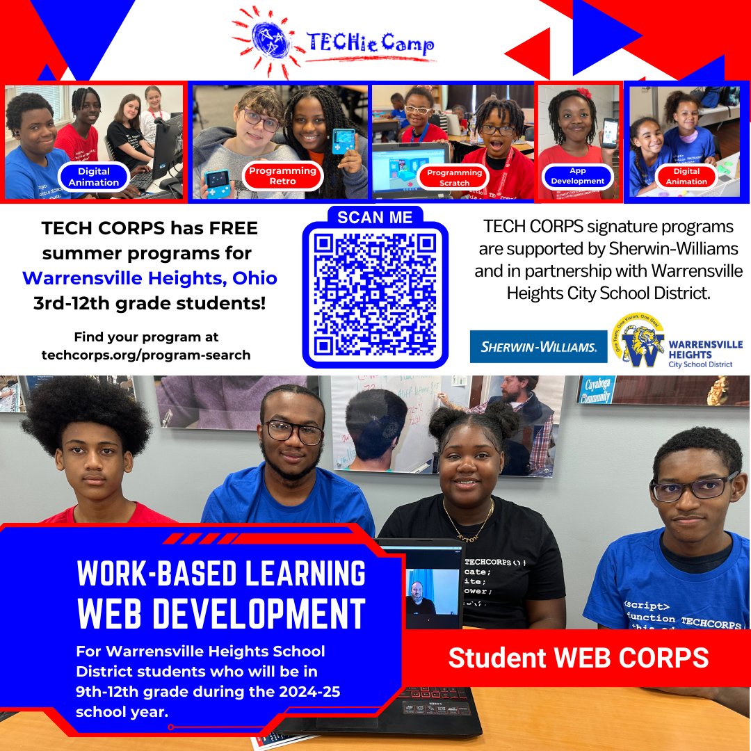 Calling all Warrensville Heights, Ohio, parents! TechCorps offers FREE programming, app development, digital animation, and web development programs for 3rd through 12th graders from May through July! Visit techcorps.org/program-search. Partners: @SherwinWilliams @whcs_tigers #WBL