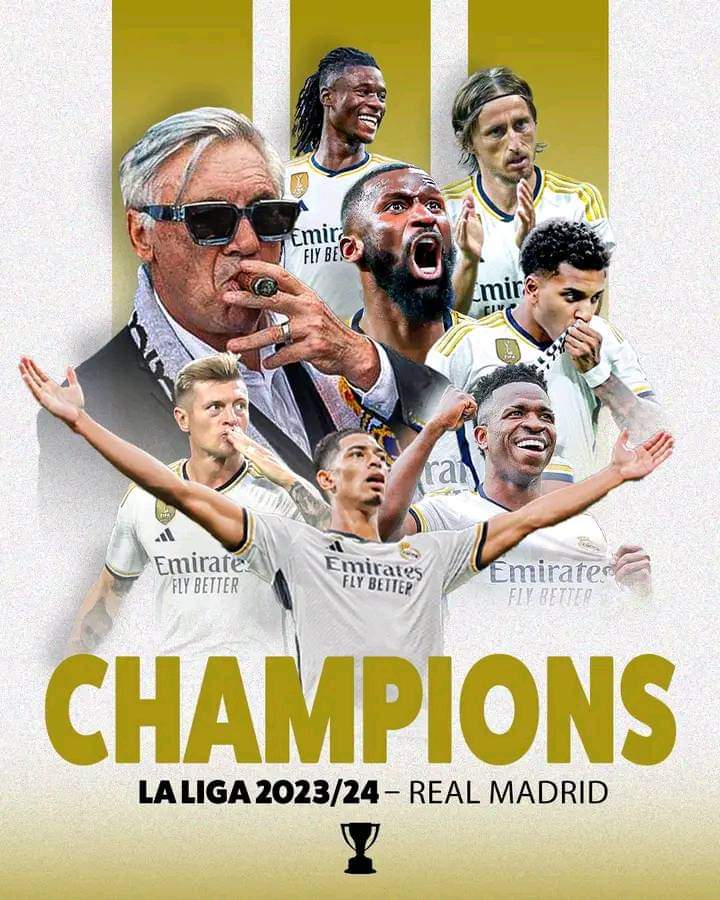 ⚪ 🥇Real Madrid champion d'Espagne 2023-2024 🇪🇦 🏆

Congratulations !
#RealMadrid 
#Champion 
#Liga