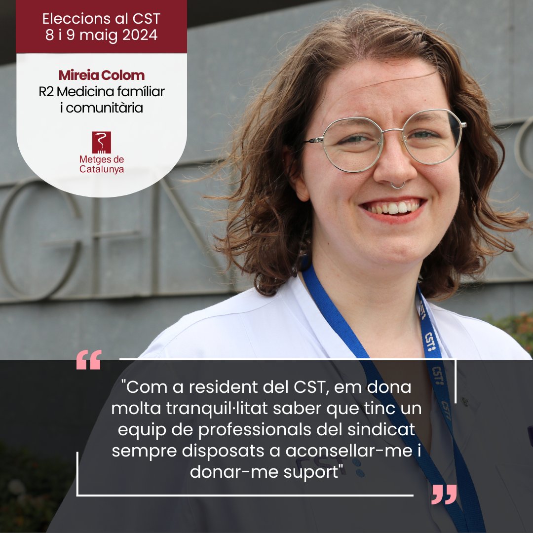 Testimonis #EleccionsCST2024

Mireia Colom, resident de segon any de Medicina Familiar i Comunitària del @CSTerrassa, ens explica perquè votarà @MetgesCatCST 

El 8 i 9 de maig, vota per tu!
Vota Metges de Catalunya!