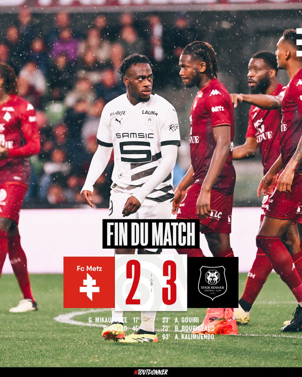 🏁 C'est terminé ! Les Rennais s'imposent en Lorraine grâce à un but d'Arnaud Kalimuendo dans les arrêts de jeu. 👊 #FCMSRFC 2-3