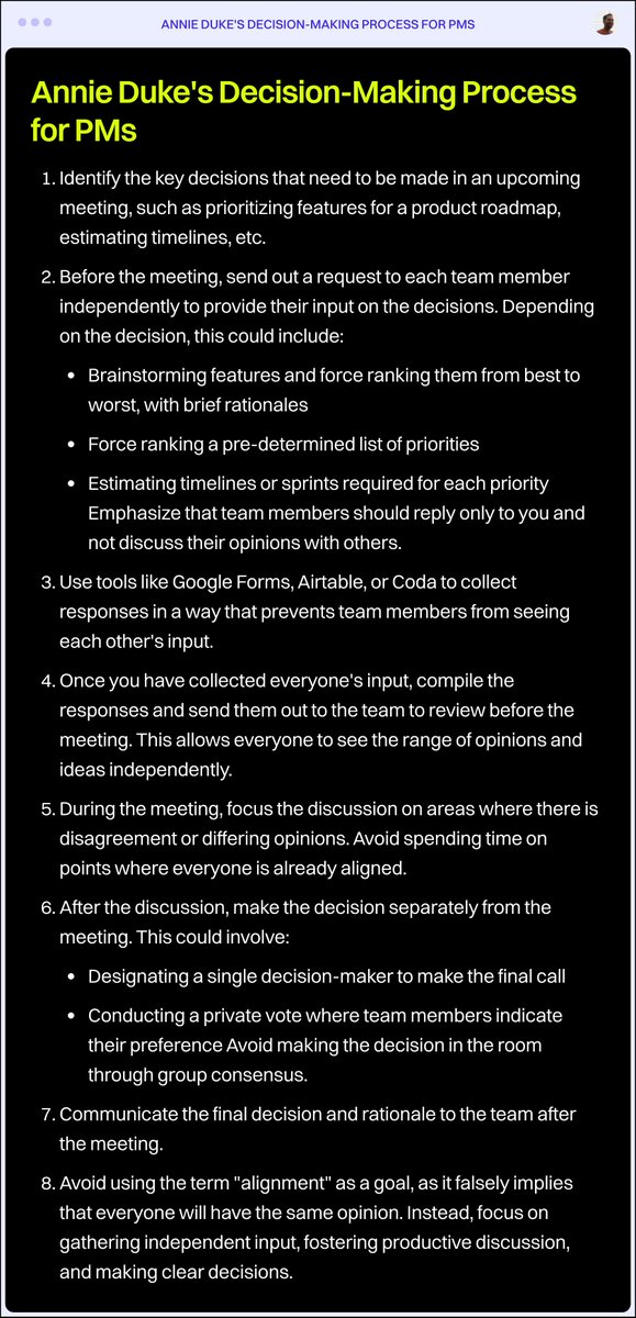 Annie Duke's advice on decision-making is the best. When I heard her describe this process on @lennysan's podcast, I had to write it down: