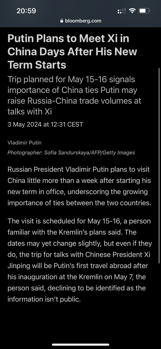 🇨🇳🇷🇺 #Russland​s Staatschef Wladimir #Putin reist nach Bloomberg-Informationen übernächste Woche nach #China. Es würde mich nicht wundern, wenn er nach seinen Gesprächen mit #Xi Jinping weiterreist nach #Pjöngjang.