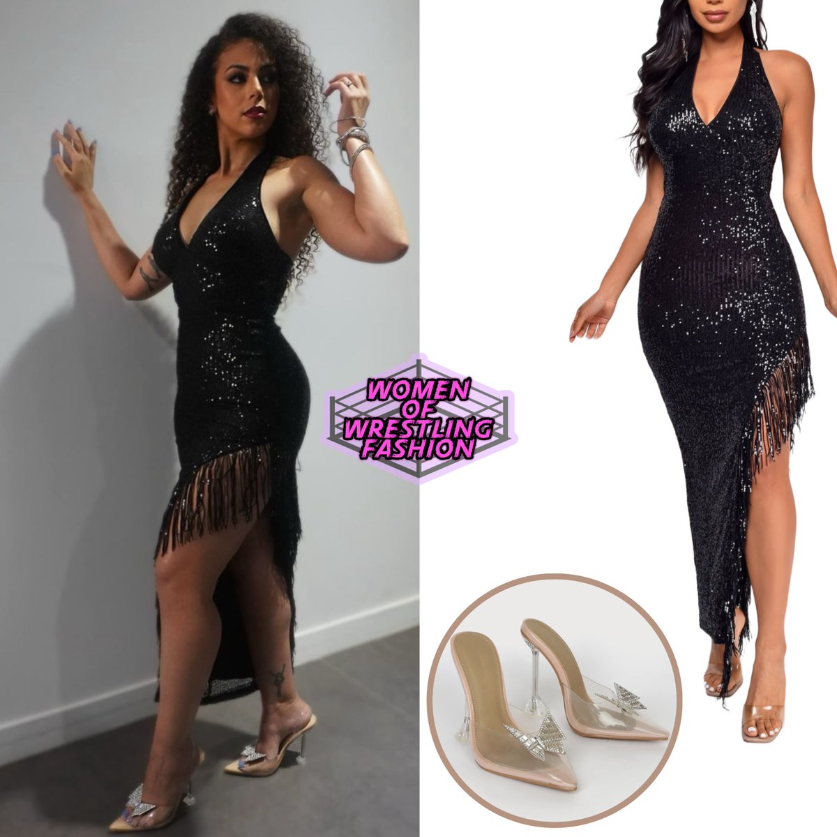 For #WWEBacklash, Samantha wears the Zea Black Halter Tassle Fringe Sequin Maxi Dress from Emprada ($98.99) & Leyona Light Nude Vinyl Butterfly Pointed-Toe Heels from Lulus (sold out)