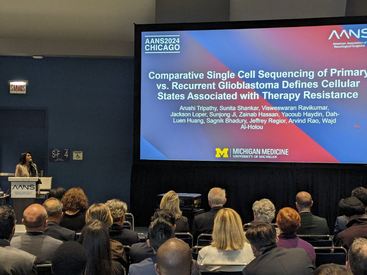 Killing it as usual! @ArushiTripathy talks about single cell sequencing of primary vs recurrent GBM. Part of @Wajd_MD lab at @umichneuro! The future for GBM management is bright!

#AANS2024 #WhatMatters