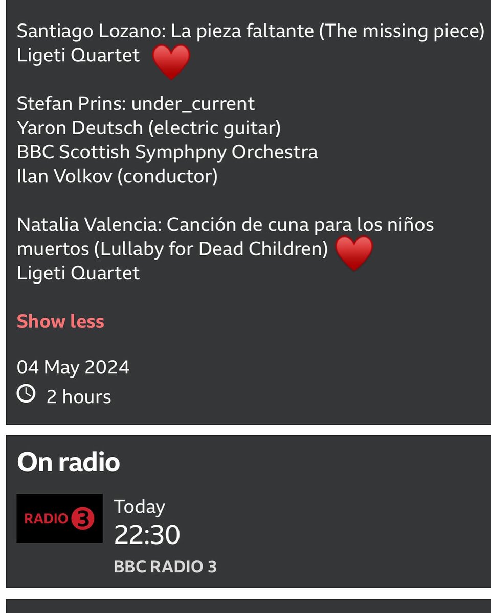 nvalenciaz's tweet image. Hoy sábado 4 de abril #MemoryProject y Ligeti Quartet.
“La pieza faltante” de Santiago Lozano y mi “Canción de cuna para los niños muertos” 
¡Gracias por reunirnos y por hacerlo posible, gracias siempre, Scott! ♥️
4:30pm COL/5:30pm NYC/10:30pm UK
bbc.co.uk/programmes/m00…