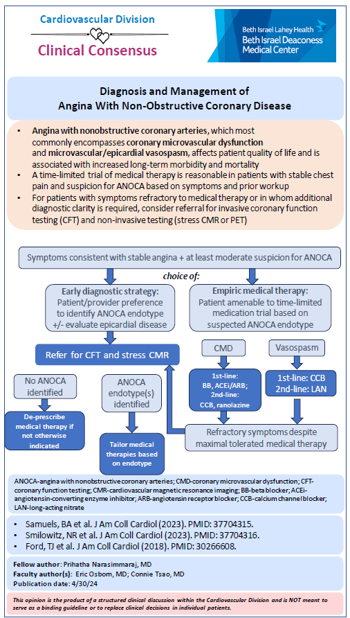 A clinical consensus statement on ANOCA from the BIDMC Cardiovascular Division, put together by @prihatha, mentored by @ConnieTsaoMD and @ericalanosborn - the result of a fantastic discussion at our regular Clinical Consensus Conference at @BidmcCvi @BIDMCVFellows