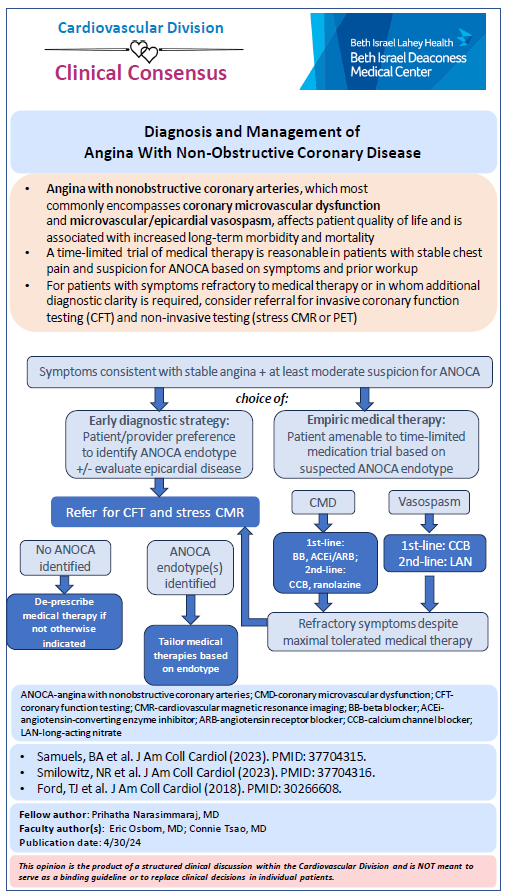 Eli Gelfand, MD, FACC (@the_gelf) on Twitter photo A clinical consensus statement on ANOCA from the BIDMC Cardiovascular Division, put together by
<a href="/prihatha/">Prihatha Narasimmaraj, MD</a>, mentored by <a href="/ConnieTsaoMD/">Connie Tsao, MD, MPH</a> and <a href="/ericalanosborn/">Eric A Osborn MD PhD</a> - the result of a fantastic discussion at our regular Clinical Consensus Conference at <a href="/BidmcCvi/">BIDMC CVI</a> <a href="/BIDMCVFellows/">BIDMC CV Fellowship</a> A clinical consensus statement on ANOCA from the BIDMC Cardiovascular Division, put together by
<a href="/prihatha/">Prihatha Narasimmaraj, MD</a>, mentored by <a href="/ConnieTsaoMD/">Connie Tsao, MD, MPH</a> and <a href="/ericalanosborn/">Eric A Osborn MD PhD</a> - the result of a fantastic discussion at our regular Clinical Consensus Conference at <a href="/BidmcCvi/">BIDMC CVI</a> <a href="/BIDMCVFellows/">BIDMC CV Fellowship</a>