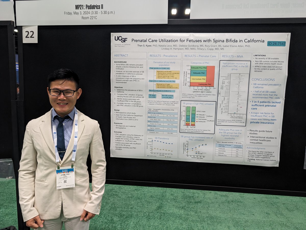 So proud of our @UCSFMedicine student @ThanSKyaw who won BEST POSTER for our study on prenatal care utilization among fetuses with spina bifida. 👉🏼 1 in 5 lacked sufficient prenatal care, associated with non-private insurance. Lots more work to do in this vulnerable population!