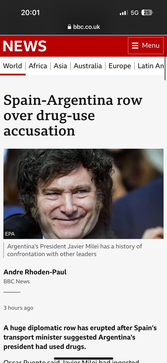 Bir kez olsun yanılmak isterdim… İspanya Ulaştırma Bakanı, Arjantin’in siyonist Devlet Başkanı Milei’nin uyuşturucu kullandığını söyledi İki ülke arasında diplomatik kriz çıktı Milei delisinin Arjantin’i felakete sürükleyeceğini yazmıştım