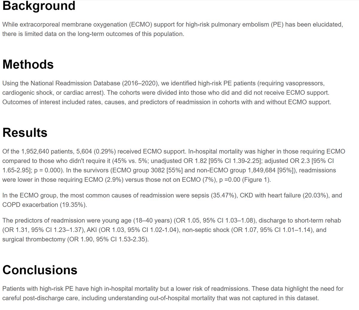 🔖#PulmonaryEmbolism Featured Abstract Poster at #SCAI2024: 

💡Readmissions in High-Risk Pulmonary Embolism Requiring Extracorporeal Membrane Oxygenation Support: A 5-Year National Experience

➡️doi.org/10.1016/j.jsca…