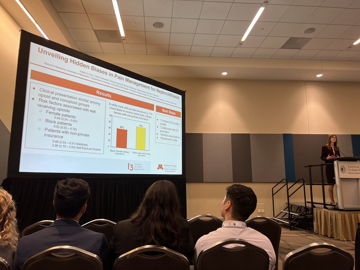 Hailey Frye presenting data showing different prescribing patterns for opioids for stones in ED by demographic ⬇️ rates in female ⬇️ rates in black ⬇️ rates in uninsured Ongoing work to address causes and find solutions #AUA24 MP34-11 @VishnuUro @UMNUrology
