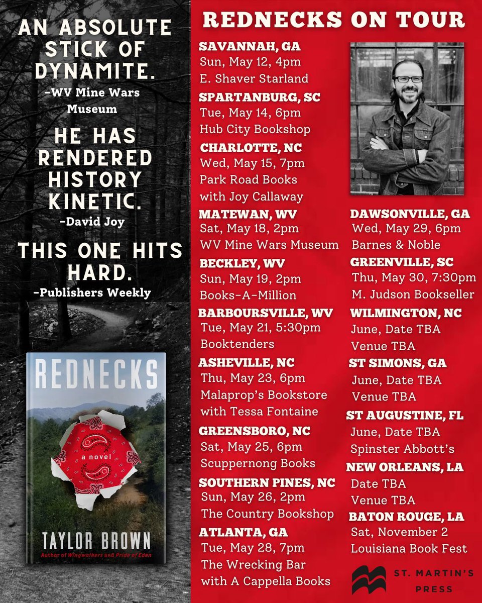 Taylor Brown (@taybrown) on Twitter photo Fire in the hole, y’all! 🧨💥 REDNECKS is hitting the road! Hope to see you somewhere along the way!
<a href="/HubCityBookshop/">Hub City Bookshop</a>
<a href="/ParkRoadBooks/">Park Road Books</a>
<a href="/WarsWV/">WV Mine Wars Museum</a>
<a href="/ScupBooks/">Scuppernong Books</a>
<a href="/CountryBooks/">The Country Bookshop</a>
<a href="/bndawsonvillega/">Barnes & Noble Dawsonville GA</a>
<a href="/mjudsonbooks/">M. Judson Books</a>
<a href="/StMartinsPress/">St. Martin's Press</a> Fire in the hole, y’all! 🧨💥 REDNECKS is hitting the road! Hope to see you somewhere along the way!
<a href="/HubCityBookshop/">Hub City Bookshop</a>
<a href="/ParkRoadBooks/">Park Road Books</a>
<a href="/WarsWV/">WV Mine Wars Museum</a>
<a href="/ScupBooks/">Scuppernong Books</a>
<a href="/CountryBooks/">The Country Bookshop</a>
<a href="/bndawsonvillega/">Barnes & Noble Dawsonville GA</a>
<a href="/mjudsonbooks/">M. Judson Books</a>
<a href="/StMartinsPress/">St. Martin's Press</a>