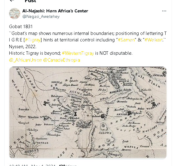 Negasi_Awetehey's tweet photo. Evidences:
1. Walia ibex in figure in #Tselemti, Walia stamps & friezes in #Yeha (ancient), Walia in #Simien (modern).
2. Gobat 1831among the many others showing #Simien is Tigray.
3. Despite the later territorial flaking, #Tigray kept its ancient territory.
@reda_getachew https://t.co/3kdNVzyzGQ