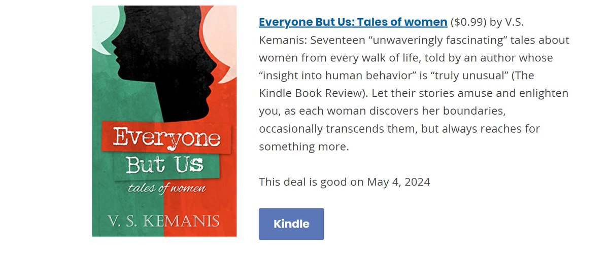 Sale, today, through May 7. #99cents in ebook (reg 3.99) and always on #KindleUnlimited Everyone But Us, tales of women #shortstories #literary #fiction about #women by @VSKemanis amazon.com/Everyone-But-U…