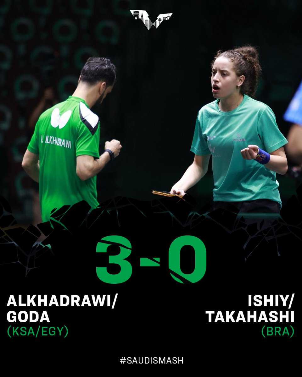 Ali Alkhadrawi & Hana Goda's #SaudiSmash Mixed Doubles debut is off to a fiery start 🔥 Wang Chuqin/Sun Yingsha awaits - how will these debutants fare against the No. 1s 🤔 Tickets to support them at SaudiSmash.com 🎟️ #ExperienceAGrandNewLegacy #TableTennis #PingPong