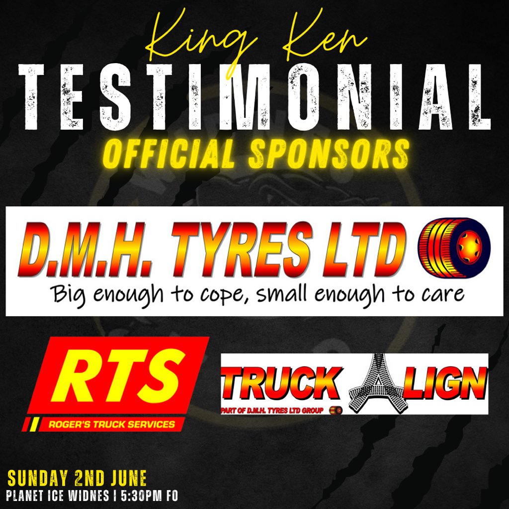 𝗧𝗘𝗦𝗧𝗜𝗠𝗢𝗡𝗜𝗔𝗟 𝗦𝗣𝗢𝗡𝗦𝗢𝗥𝗦! 🤝 Thank you to DMH tyres 🛞 who are sponsoring King Ken’s testimonial event! Also a massive thanks to both RTS (Roger’s truck services) and Truck Align who are official jersey sponsors! 🙌