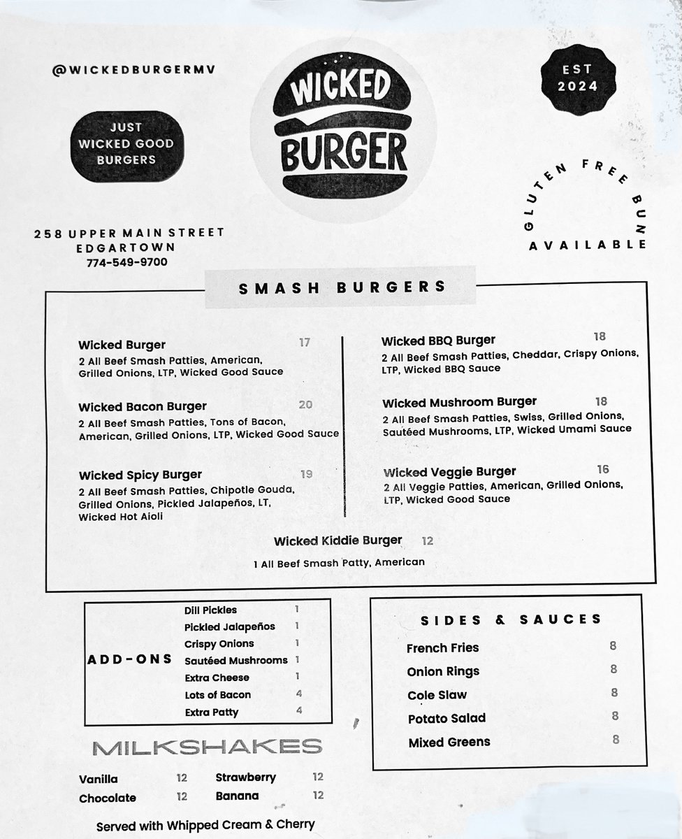 Wicked Burger is now open next to Al's Package Store in #Edgartown - spring hours are 11am-7pm Wednesday-Sunday. #takeout