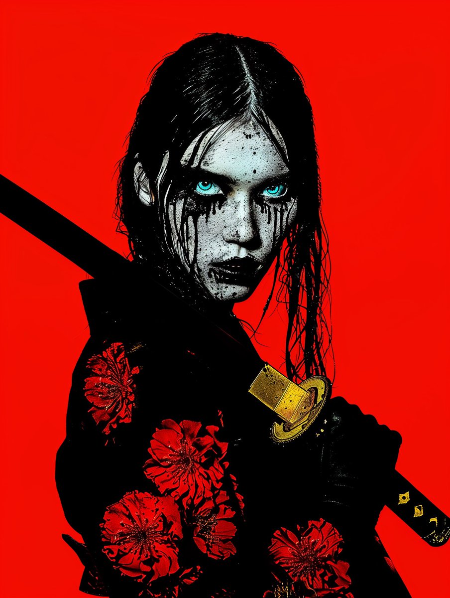 In 'Onryō/怨霊,' I distill the essence of vengeance from Japanese folklore into a stark portrait, merging vivid reds with the relentless gaze of a spirit wronged. #TokyoSolidMexico2 -Onryō/怨霊-