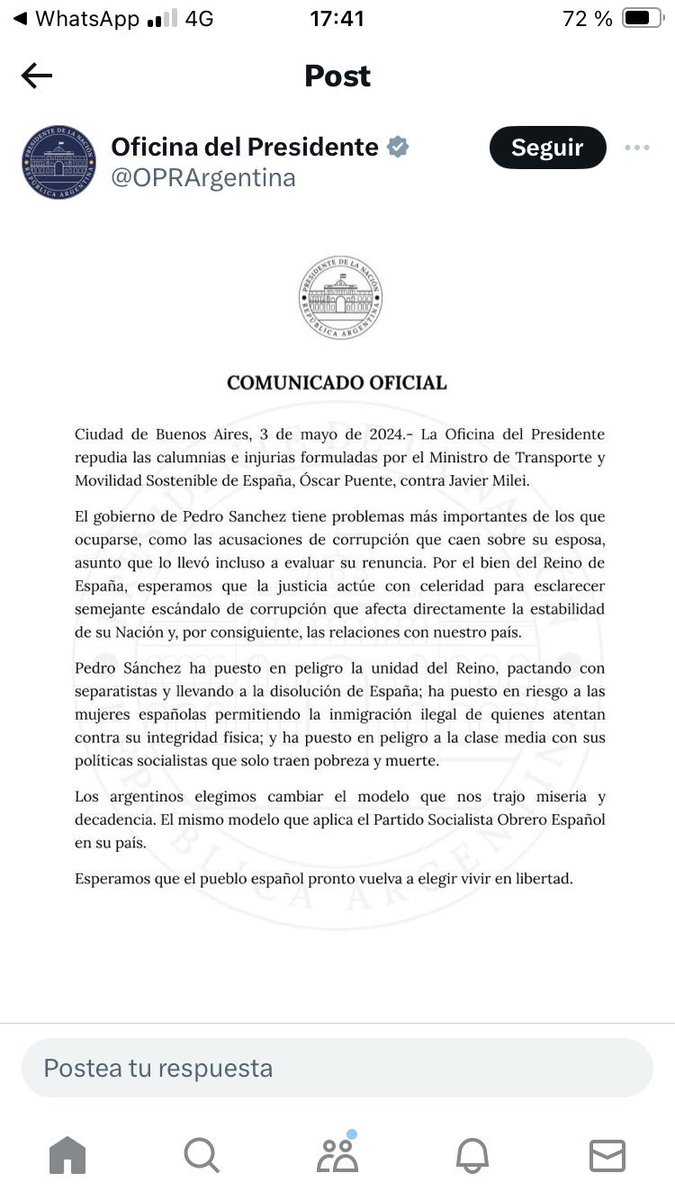 La segunda frase del comunicado oficial difunde el bulo contra la esposa del presidente español y reclama la acción judicial contra ella. Esto es lo que gobierna Argentina.