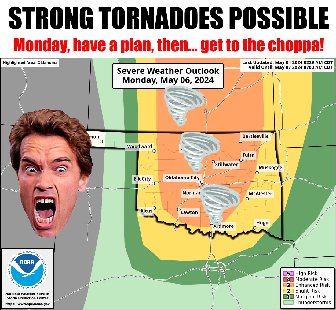 If storms manage to get going, all modes of severe weather possible...severe winds up to 80 mph, giant hail up to baseballs, and strong tornadoes. Have a plan! Stay weather aware! #okwx #okmesonet