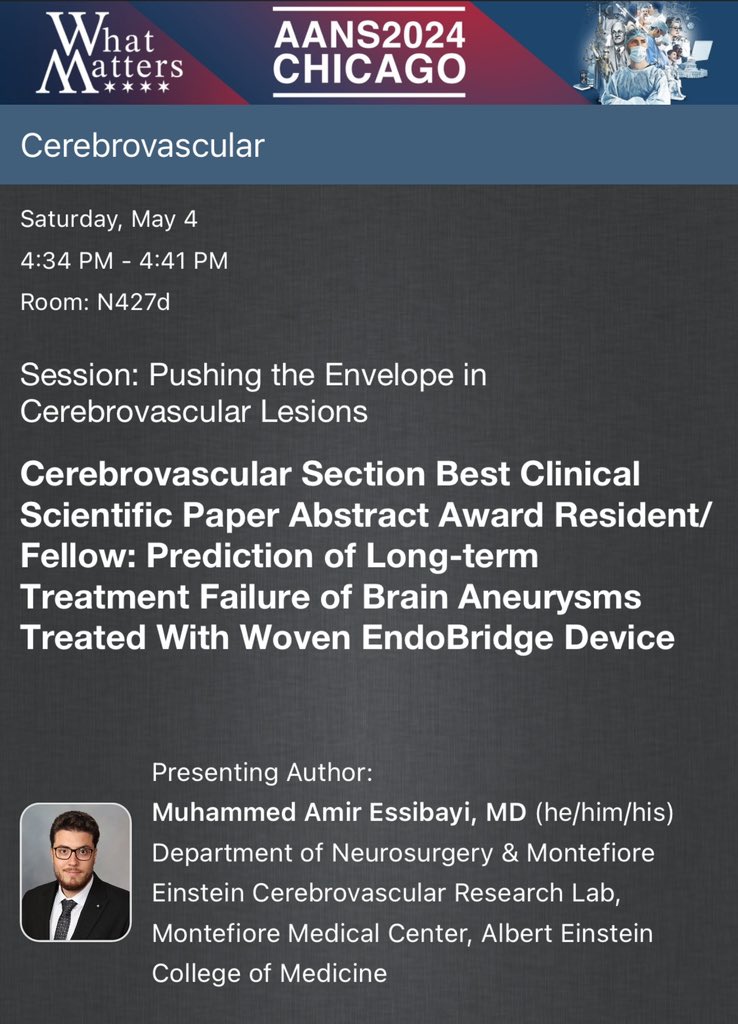 Today at 4:34 PM in the AANS, join me for a talk on predicting long-term treatment failure of brain aneurysms receiving the WEB Device. See you! #Neurosurgery #CerebrovascularResearch @AANSNeuro @DavidAltschulMD @AdamDmytriw @NimerAdeeb @SobhiJabal @monteinsteincrl @Monte_NIS