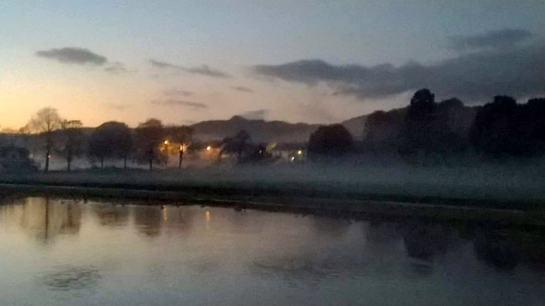 Misty evening over Roberts Park and the river Aire, Saltaire. #Saltaire #RiverAire #WestYorkshire #AireValley