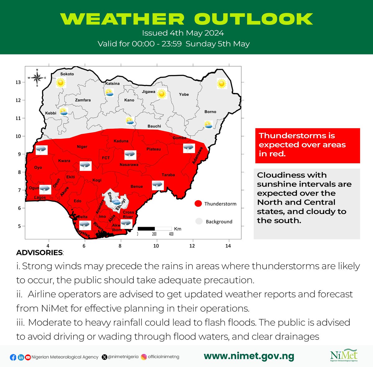 Weather Outlook issued 4th Valid 00:00 - 23:59 Sunday 5th May

Visit: youtu.be/EmGtRTQd_Fc?si…
To watch weather forecast video

#beweatheraware #nigerianweather #thunderstorms #cloudiness #cloudy #sunny #climatechange #flashfloods