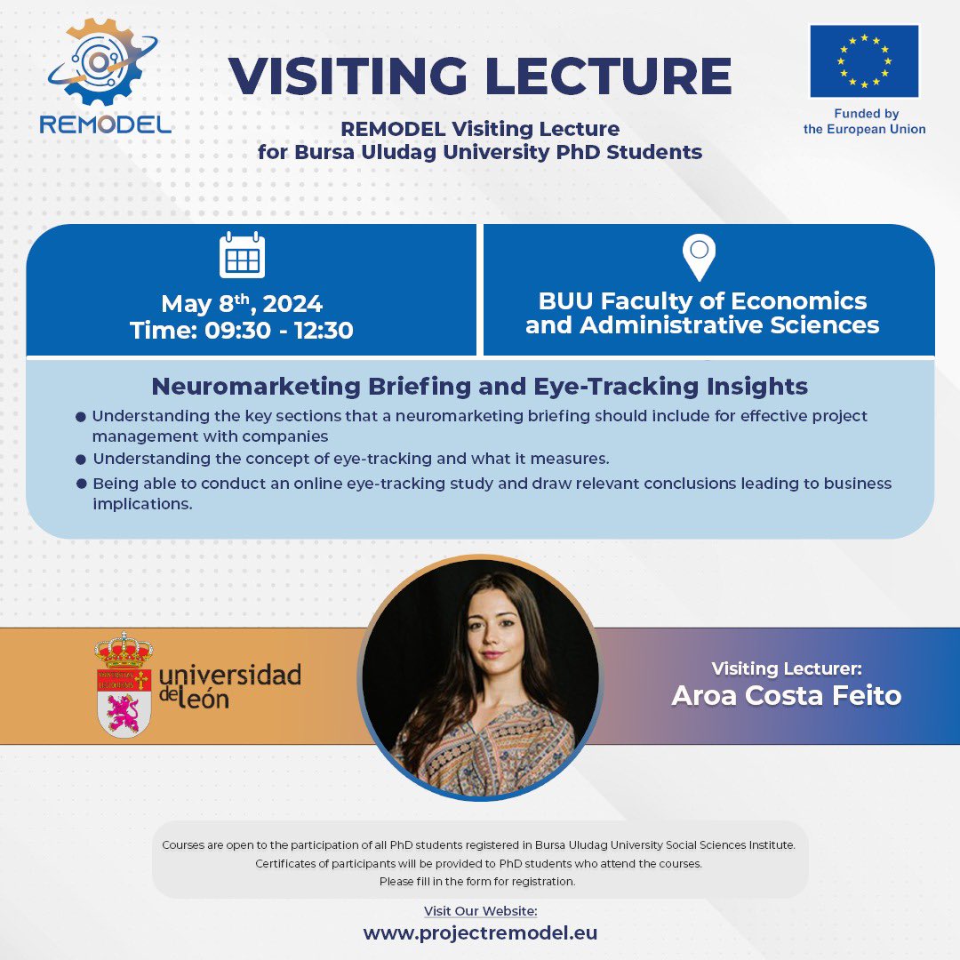 Genç araştırmacılar, sizleri @uludag_iibfde gerçekleşecek misafir öğr.üye. dersimize davet etmekten mutluluk duyarız
8 Mayıs/9:30-12:30
Neuromarketing briefing and eye-tracking insights-Aroa Costa Feito
9 Mayıs/9:30-12:30
Web scraping fundamentals for structured data-Sofía Blanco