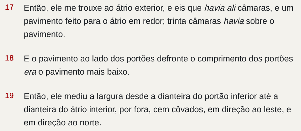 Ezequiel 40:17-19 - Bíblia King James Fiel 1611
bkjfiel.com.br/ezequiel-40/ 

#Bíblia #BíbliaKingJames #Ezequiel #Ezequiel40 #Ez40 #Deus #profetaEzequiel #profecia #visão #Israel #Jerusalém #templo #santuário #rpSp #LEIA_A_BÍBLIA #ESTUDE_A_BÍBLIA #CONHEÇA_A_BÍBLIA @bvbooks_