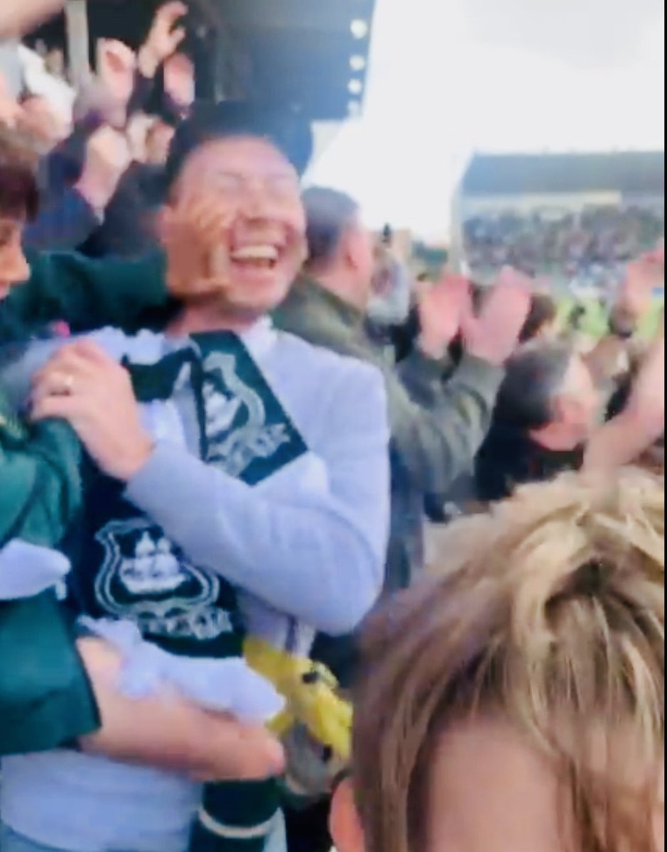 The exact moment my @Argyle mad seven year old slapped me across the face in joy that we. are. staying. up. ⚽️🥳 Absolutely amazing atmosphere at Home Park today. 💚