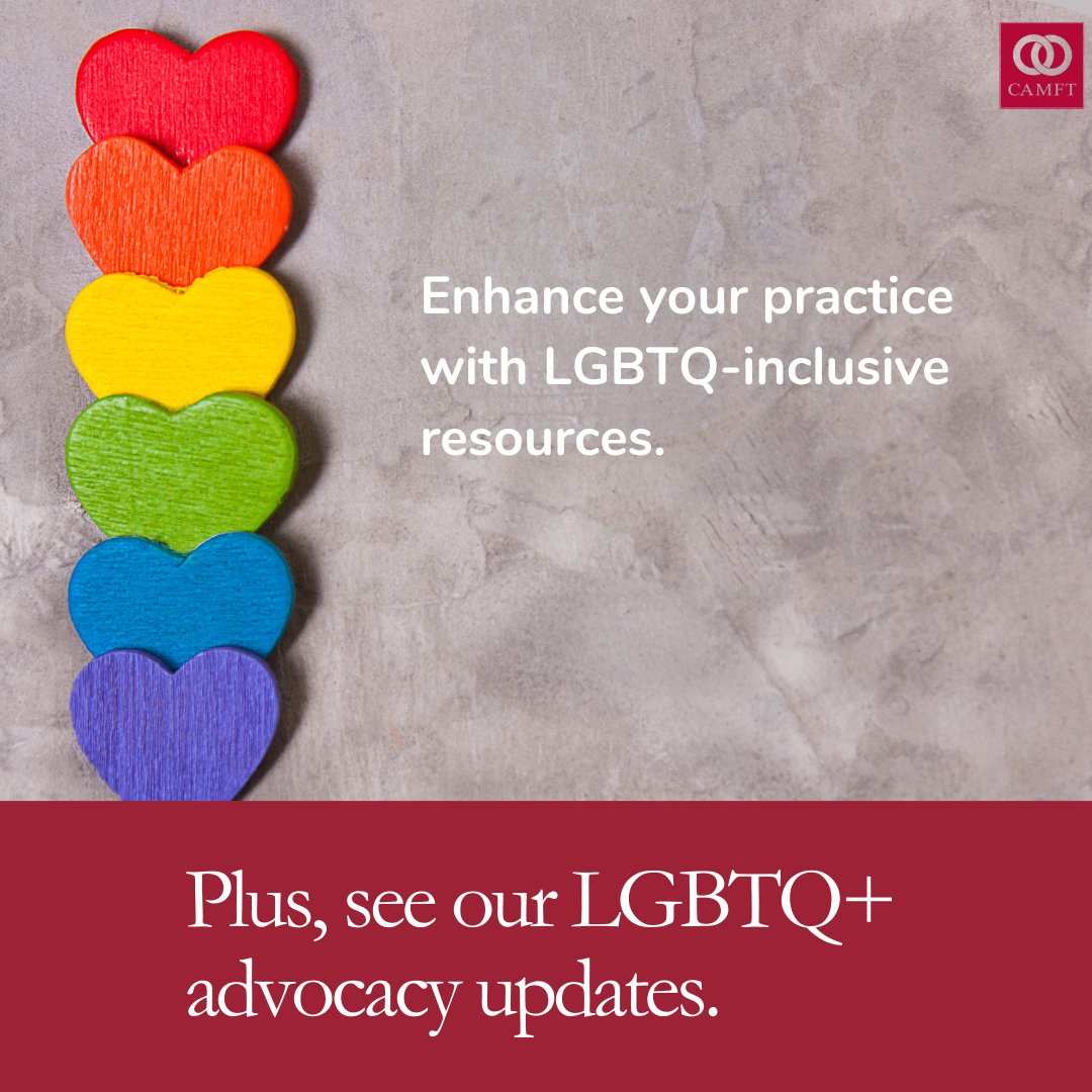 🌈 Check out our LGBTQ+ Corner for a rainbow of inclusive resources made for therapists! 

We recently spruced up the page with tools to help bolster your inclusive care, plus new legislative updates.

#InclusiveCare #LGBTQRights #Advocacy #Calegislation

 camft.org/lgbtq-resources