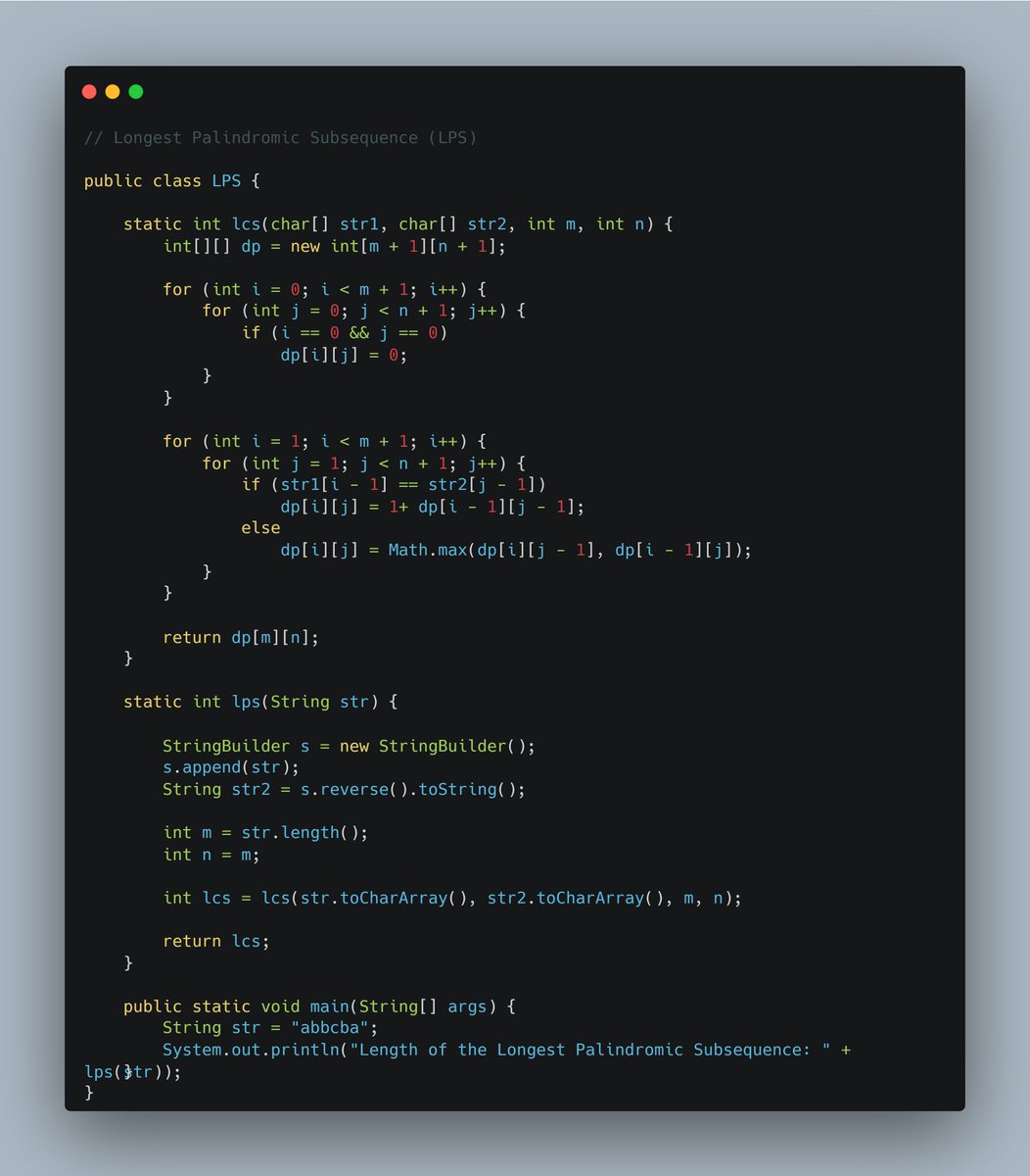 Anurag_S314's tweet image. 🚀 Day 9 of #30DaysOfDSAChallenge completed! 🚀

Solved:

🔹 Longest Palindromic Subsequence (LPS)
🔹 Minimum Number of Deletions in a String to Make it a Palindrome

Making strides in algorithmic problem-solving! 💡 #DSA #Algorithm #Coding #30DaysChallenge #Palindromes