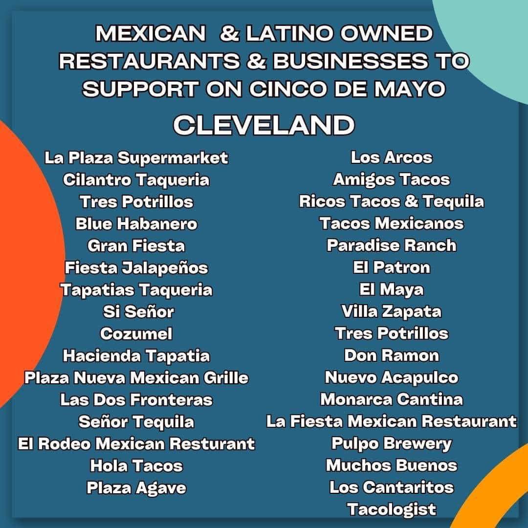 For Cinco De Mayo in Cleveland, try and support these places! Graphic credit to a friend on Facebook. Not sure who created it but I would like to share. 🇲🇽