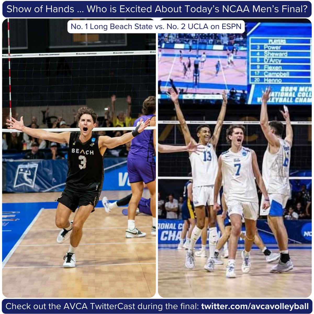 Time for more excitement and greatness at the Men’s Volleyball Championship! No. 2 @UCLAMVB faces No. 1 @LBSUMVB at 5pm (ET) for all the marbles. Check out the match on ESPN, and follow the AVCA TwitterCast right here for deep-dive statistical analysis. #WeAreAVCA #NCAAMVB