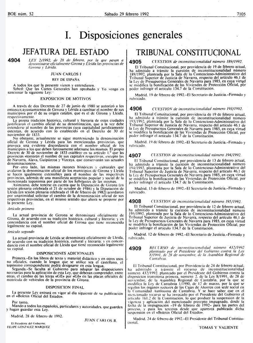 És #Lleida: no Lérida. BOE-A-1992-4904 «BOE» núm. 52, de 29 de febrero de 1992, páginas 7105 a 7105 (1 pág.) #SalvemCatalunya