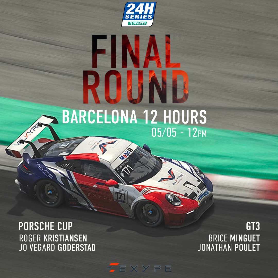 🟢 24h Series 🟢
The final round has arrived! Tomorrow sees the 12 Hours of Barcelona, the decisive round for the 24h Series championship title.
Go to YouTube at 12 noon to cheer on the Valkyrie Exype drivers: youtube.com/watch?v=k-G1Il…
