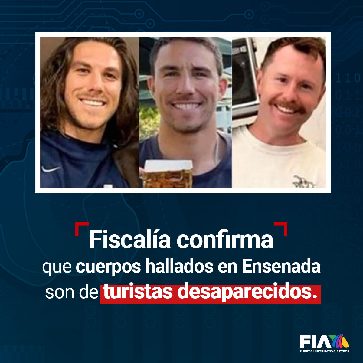🚨 Hallan a los tres turistas extranjeros que viajaron a México a hacer surf y se reportaron como desaparecidos.

Se trata de los hermanos australianos Jake Robinson y Callum Robinson, así como de Jack Carter, un ciudadano estadounidense aztecanoticias.info/4abTtsZ