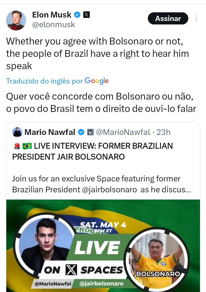 Live com o presidente @jairbolsonaro no Space de @MarioNawfal , hoje às 20h. 💢