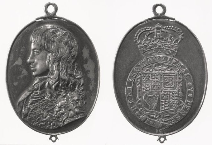 Bust of Prince Charles [II], left, hair long, in plain falling collar, richly figured armour, with lion's head on shoulder, medal suspended to a chain, and scarf across the breast (British Museum)