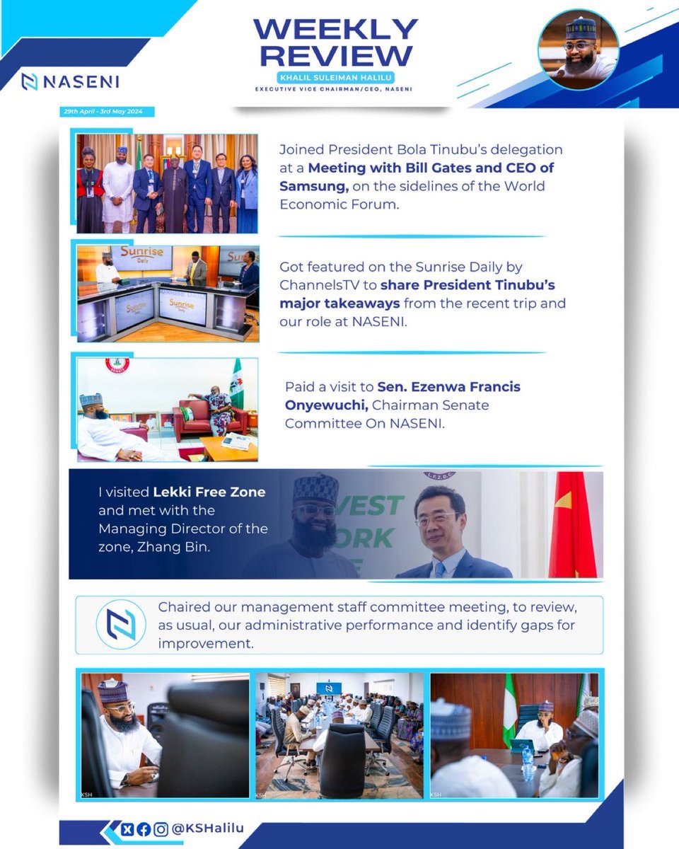 lekanpaul's tweet photo. In this edition of #NASENIWeeklyRecap, 
EVC/CEO, @KSHalilu joined President @OfficialABAT at a meeting with Bill Gates and CEO of Samsung. He also featured on @ChannelsTV, and also engaged with the Chair of @NGRSenate Committee on NASENI.

#ANewNASENI https://t.co/rrD8RTNYff